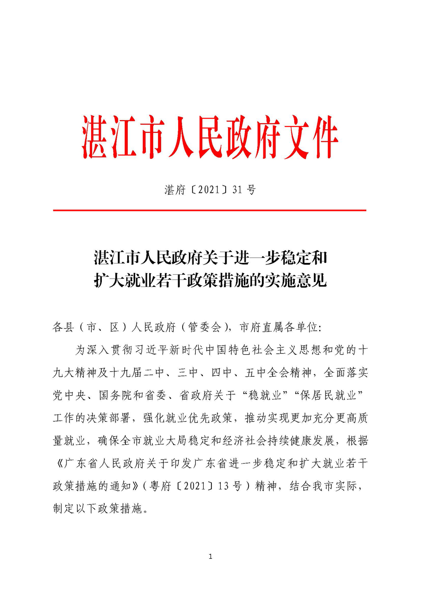 湛江市人民政府關(guān)于進一步穩(wěn)定和擴大就業(yè)若干政策措施的實施意見_頁面_01.jpg